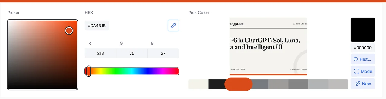colorspicker.net with an uploaded image, its automatic color palette and the orange swatch selected as #DA4B1B