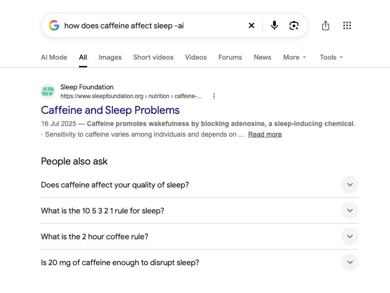 Google results for how does caffeine affect sleep -ai with no AI Overview